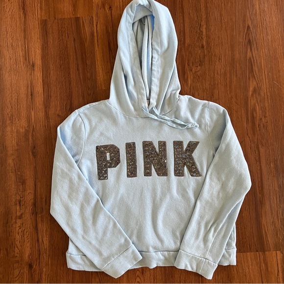 PINK Victoria's Secret Tops - PINK Victoria Secret light blue hoodie with Sequins Size L